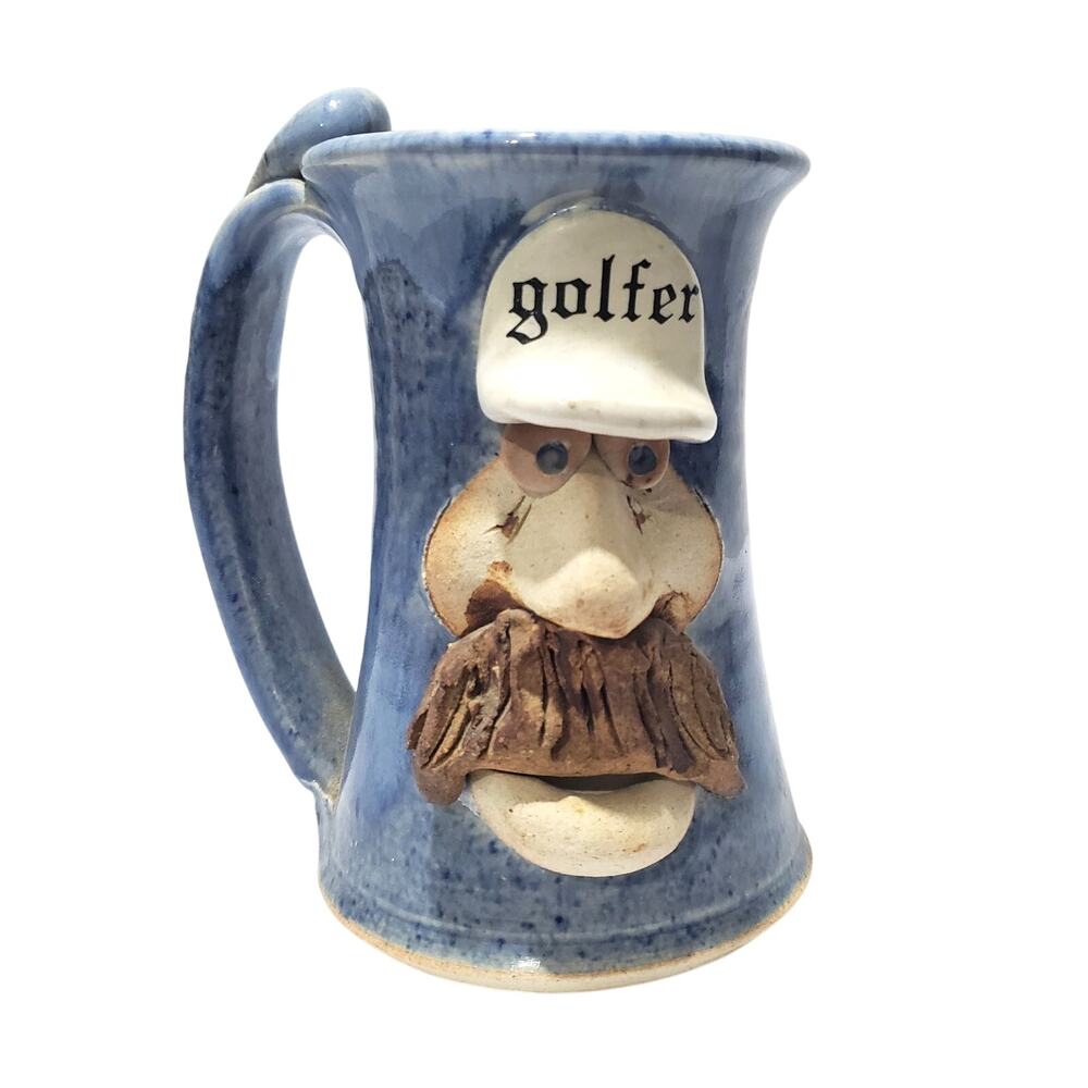3D Mustache Man Golfer Hat Blue Coffee Mug XL Stoneware Pottery Glaze Funny